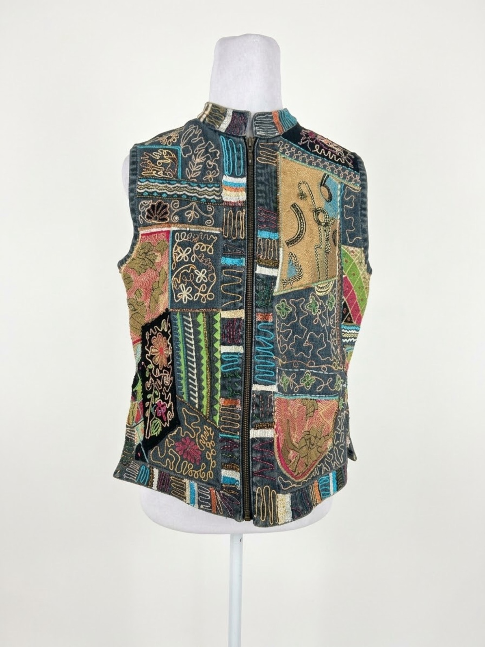 Vtg Chicos Denim Vest Size 0 S Patchwork Embroidered Beaded Boho Art to Wear Zip